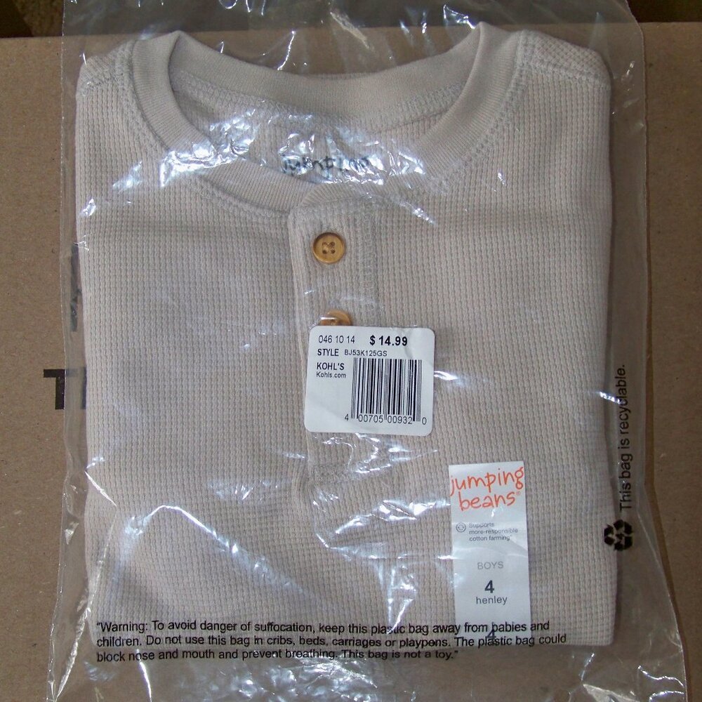 Jumping Beans Boys Brown Henley, New, Size 4
